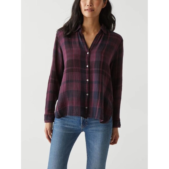 Michael Stars Women Leo Plaid Gauze Button Down Long Sleeve Shirt Sz XL - Picture 2 of 10